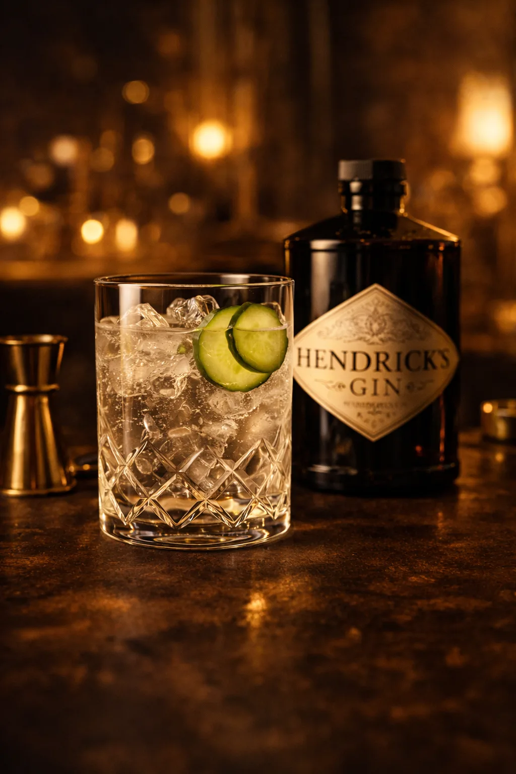 Hendrick’s Gin Tonic mit Gurke in elegantem Bar-Setting