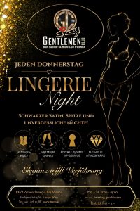 Lingerie Night Event im EXZESS! Gentlemen-Club Vienna mit goldener Dessous-Silhouette, schwarzem Luxusdesign und exklusiver Nightlife-Atmosphäre in Wien.