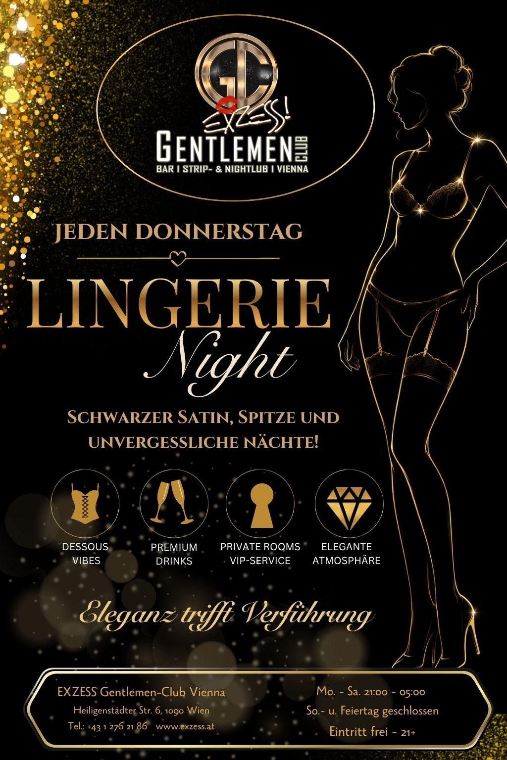 Lingerie Night Event im EXZESS! Gentlemen-Club Vienna mit goldener Dessous-Silhouette, schwarzem Luxusdesign und exklusiver Nightlife-Atmosphäre in Wien.