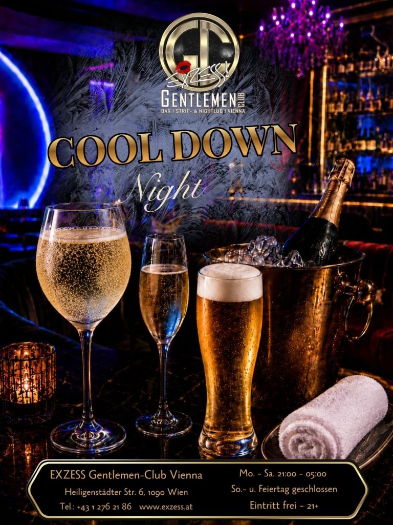 Gekühlte Getränke, Prosecco-Maracuja auf Eis, Champagner, Bier und ein gekühltes Handtuch in eleganter Lounge-Atmosphäre im EXZESS! Gentlemen-Club Vienna.