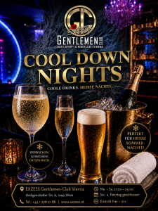 Gekühlte Getränke, Prosecco-Maracuja auf Eis, Champagner, Bier und ein gekühltes Handtuch in eleganter Lounge-Atmosphäre im EXZESS! Gentlemen-Club Vienna.