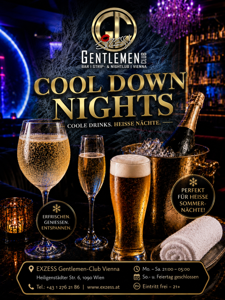 Gekühlte Getränke, Prosecco-Maracuja auf Eis, Champagner, Bier und ein gekühltes Handtuch in eleganter Lounge-Atmosphäre im EXZESS! Gentlemen-Club Vienna.