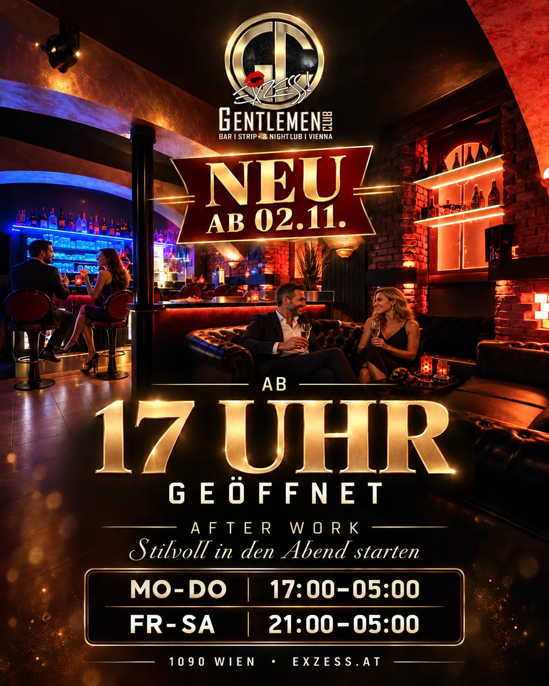 EXZESS! Gentlemen-Club Vienna – neue Öffnungszeiten ab 2. November 2026. After Work ab 17 Uhr, Clubambiente mit Gästen an Bar und Lounge.