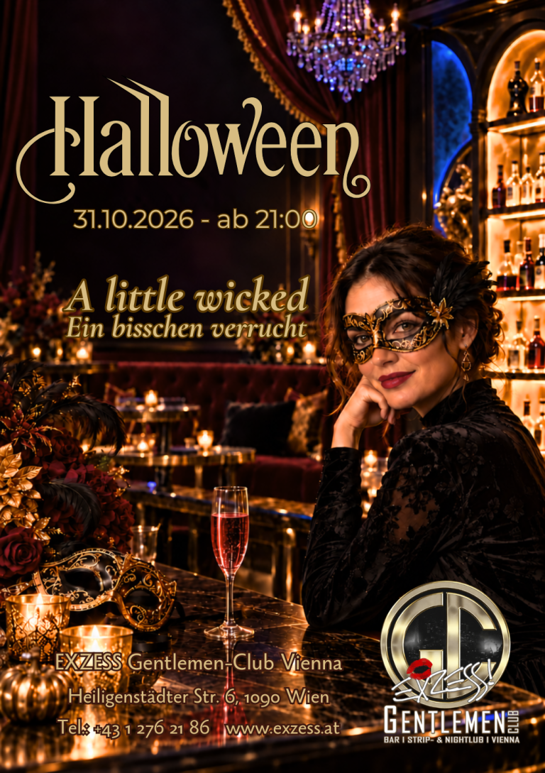 Halloween im EXZESS! Wien: „A Little Wicked – Ein bisschen verrucht“ am 31. Oktober 2026 ab 21 Uhr. Frau mit goldschwarzer Augenmaske an einer stimmungsvoll beleuchteten Bar.